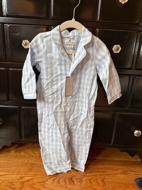 NWT Petite Plume Baby's Twill Classic Romper in Light Blue Gingham